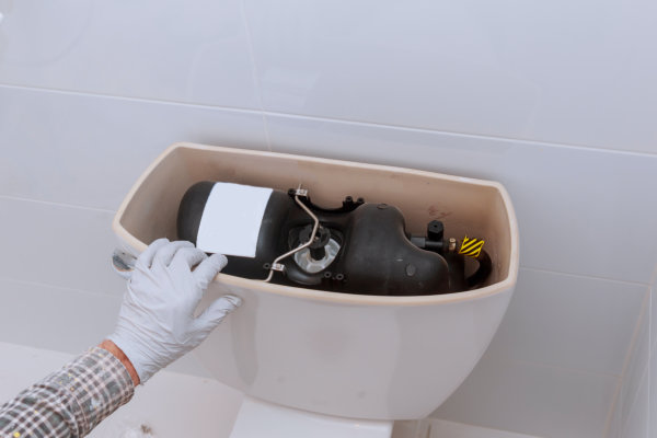 A plumber examines a toilet tank.